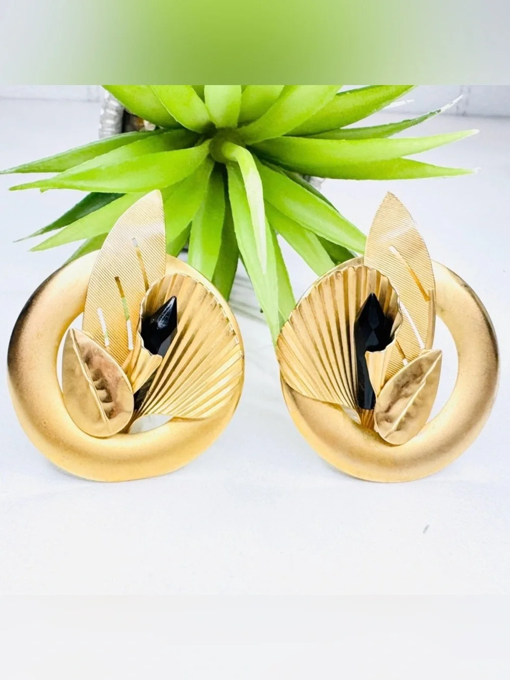 Vintage 80s Art Deco Satin Gold Tone Black Crystal Abstract Leaf Clip Earrings